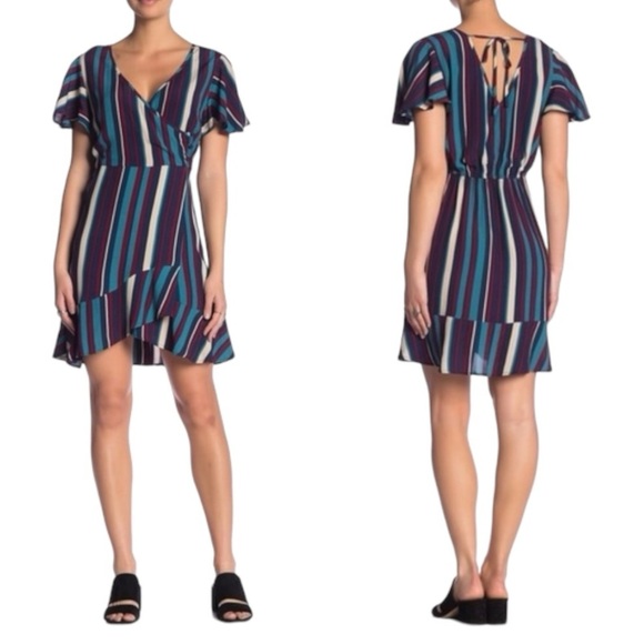 Band of Gypsies Faux Wrap Mini Dress Blue and Red Stripes Open Back Size Small - Picture 1 of 5